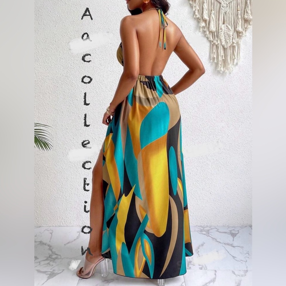 Boho Abstract Print Double Slit Backless Open Back Maxi Dress - Picture 3 of 6